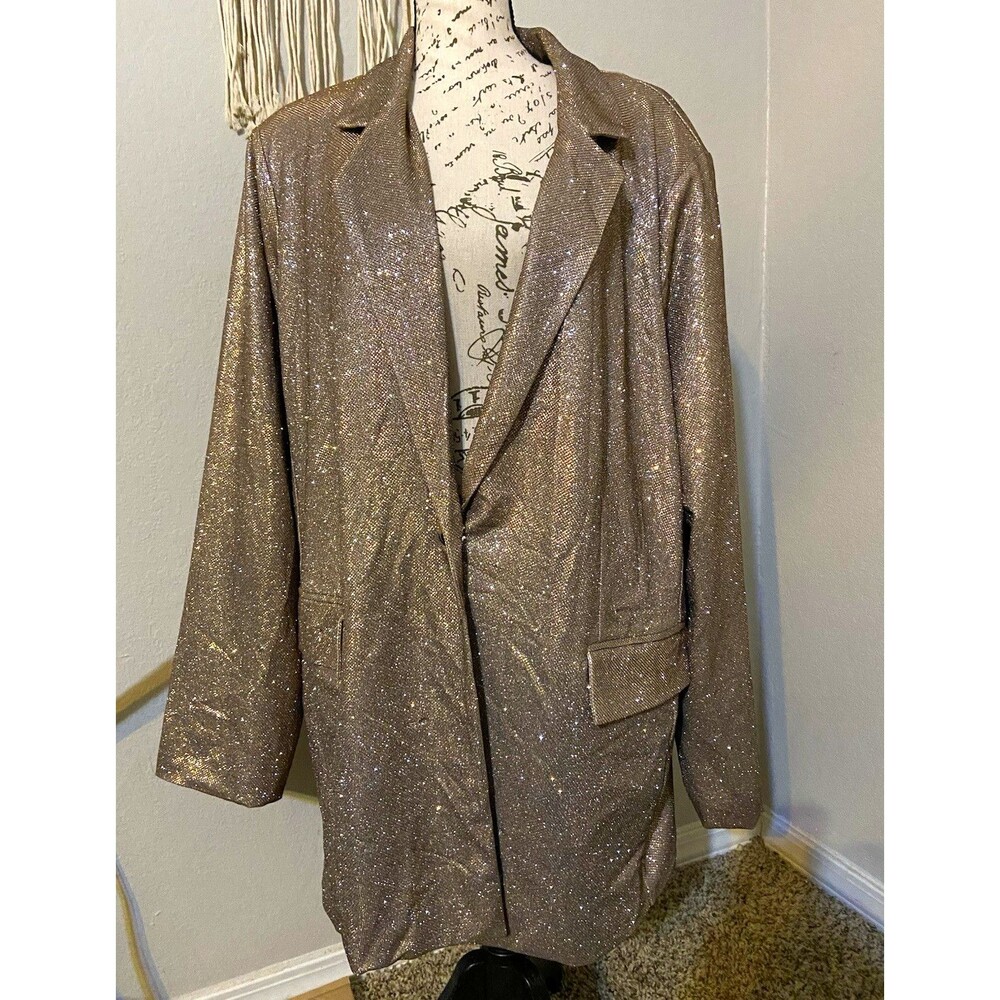 NWT Wild Fable Women's Gold Glitter Blazer Jacket 2XL Button Lined Pockets NYE